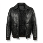 Luxury Men's Black Crocodile Embossed Leather Bomber Jacket Blackstone Jackets