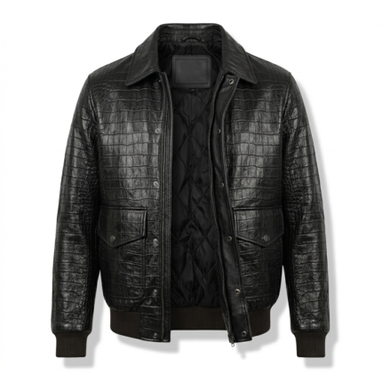 Luxury Men's Black Crocodile Embossed Leather Bomber Jacket Blackstone Jackets