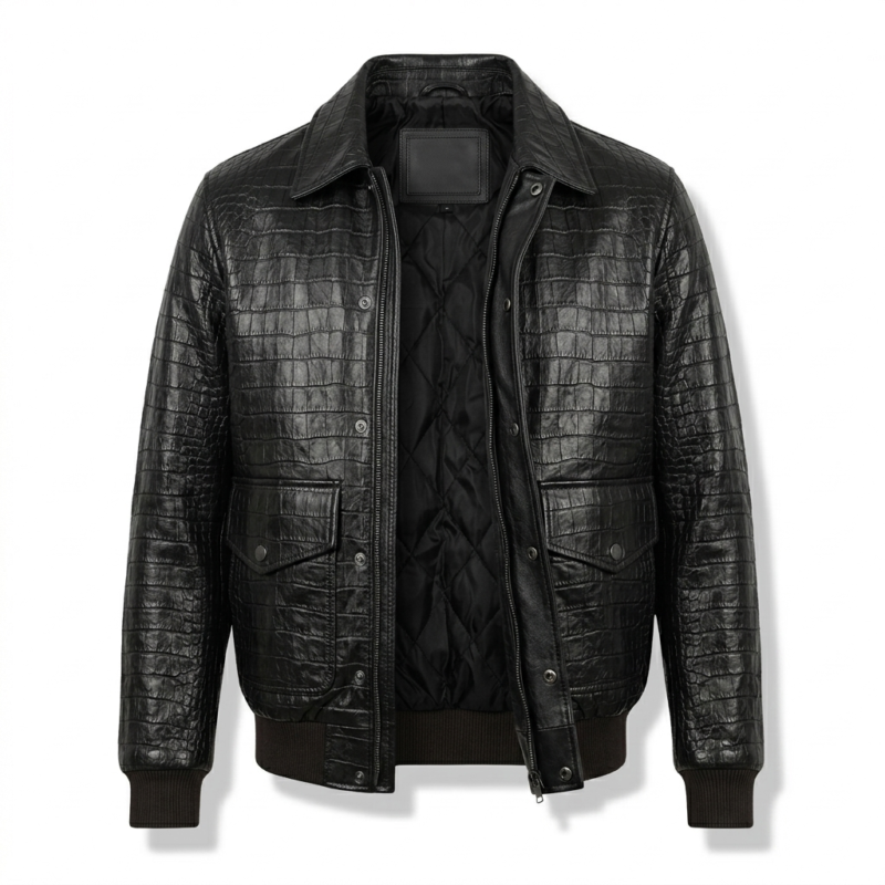Luxury Men's Black Crocodile Embossed Leather Bomber Jacket Blackstone Jackets