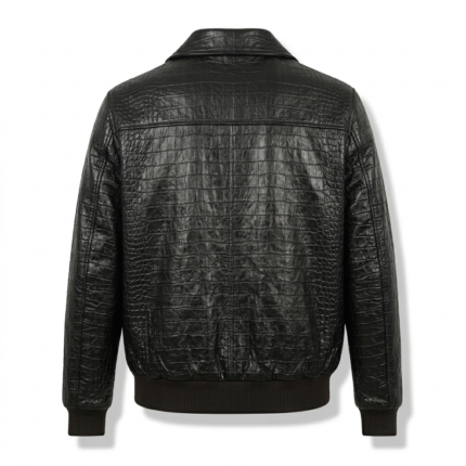 Luxury Men's Black Crocodile Embossed Leather Bomber Jacket Blackstone Jackets Back View