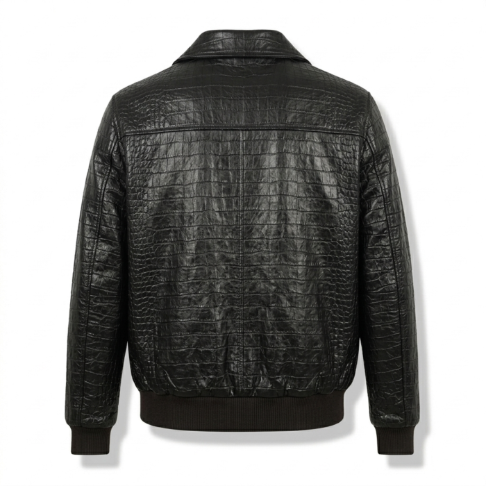 Luxury Men's Black Crocodile Embossed Leather Bomber Jacket Blackstone Jackets Back View
