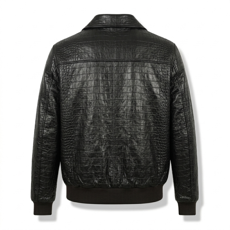 Luxury Men's Black Crocodile Embossed Leather Bomber Jacket Blackstone Jackets Back View