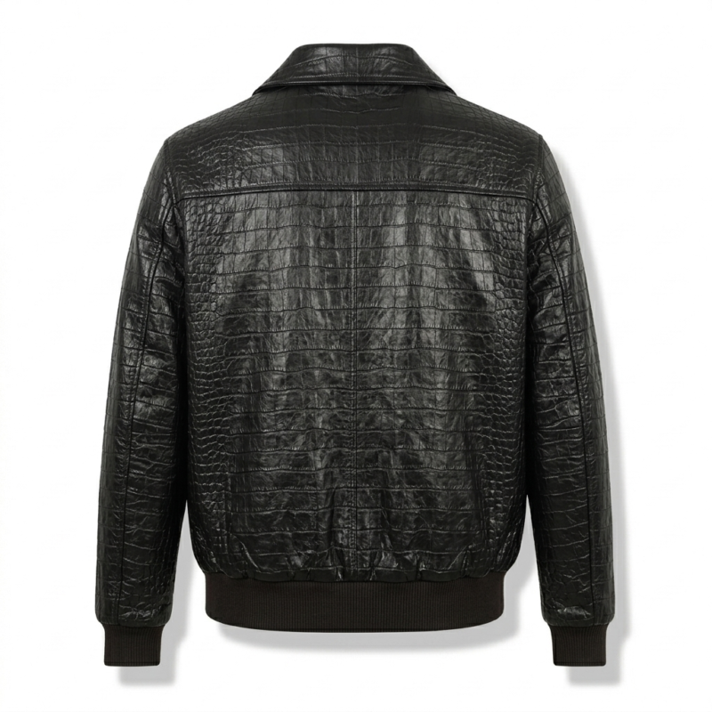 Luxury Men's Black Crocodile Embossed Leather Bomber Jacket Blackstone Jackets Back View