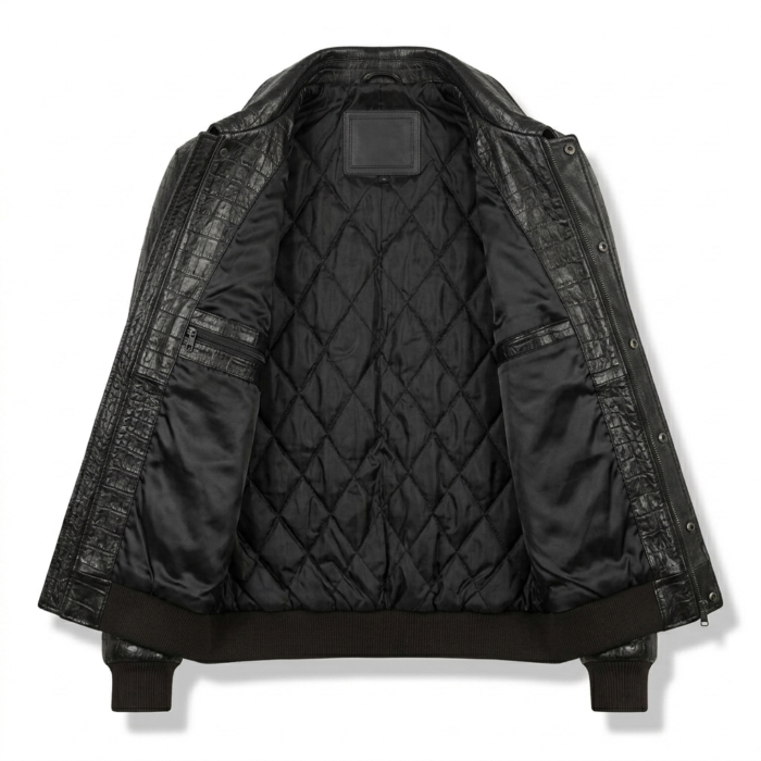 Luxury Men's Black Crocodile Embossed Leather Bomber Jacket Blackstone Jackets Inner View