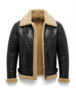 Luxury Men's Black Crocodile Embossed Leather Shearling Jacket Blackstone Jackets
