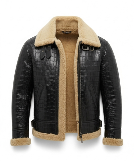 Luxury Men's Black Crocodile Embossed Leather Shearling Jacket Blackstone Jackets