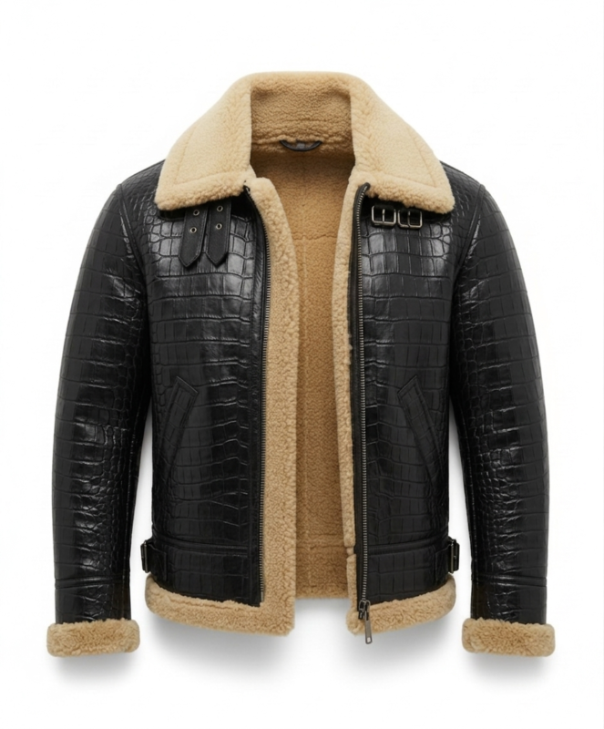 Luxury Men's Black Crocodile Embossed Leather Shearling Jacket Blackstone Jackets
