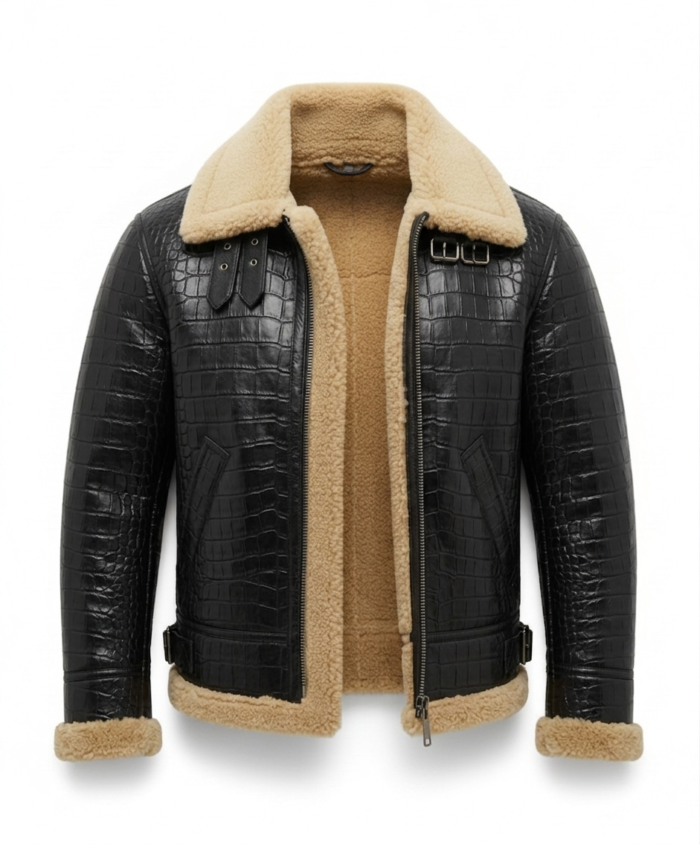 Luxury Men's Black Crocodile Embossed Leather Shearling Jacket Blackstone Jackets