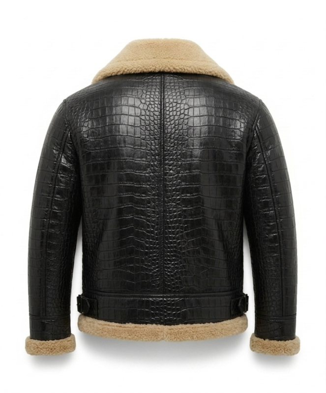 Luxury Men's Black Crocodile Embossed Leather Shearling Jacket Blackstone Jackets Back View