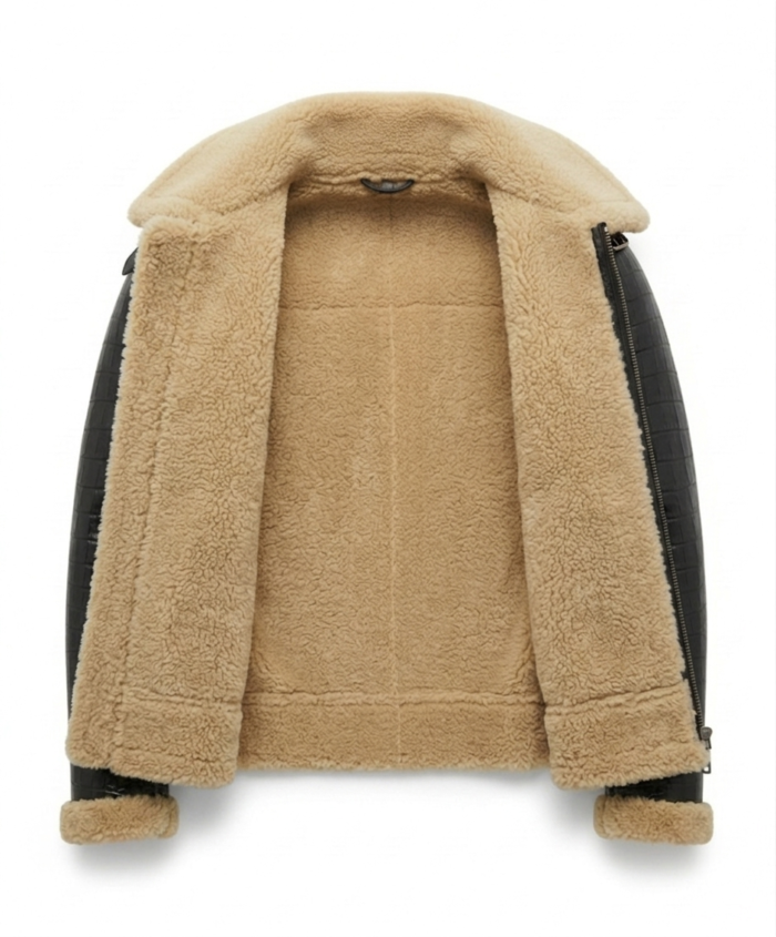 Luxury Men's Black Crocodile Embossed Leather Shearling Jacket Blackstone Jackets Inner View