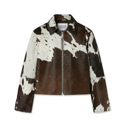 Luxury Monochrome Cow Print Pony Hair Leather Jacket Blackstone Jackets