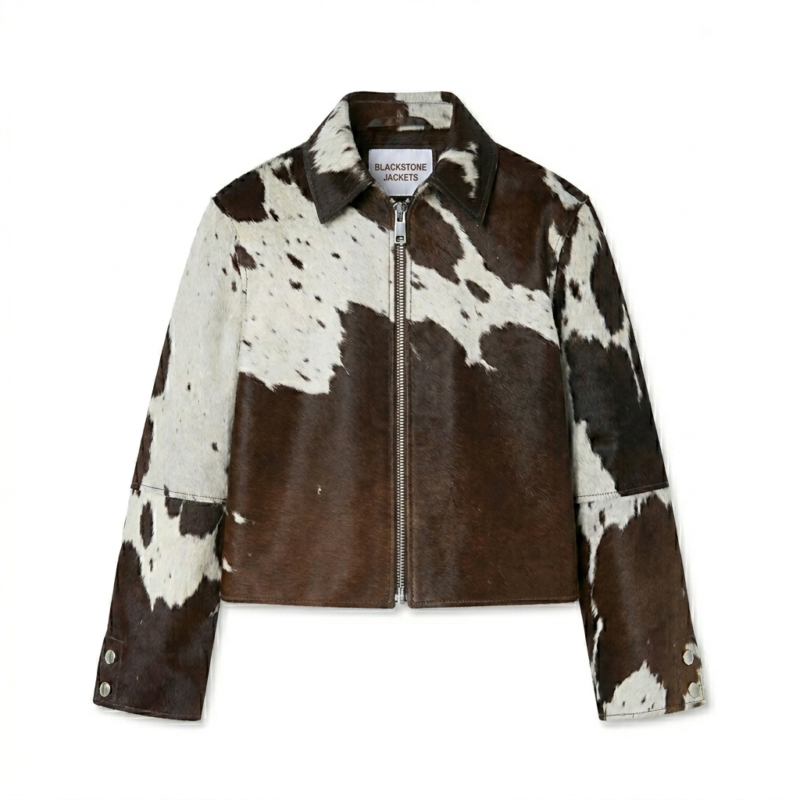 Luxury Monochrome Cow Print Pony Hair Leather Jacket Blackstone Jackets