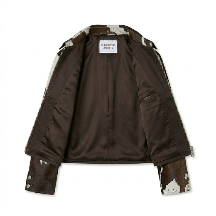 Luxury Monochrome Cow Print Pony Hair Leather Jacket Blackstone Jackets