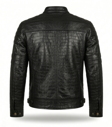 Men's Premium Black Crocodile Embossed Leather Jacket Blackstone Jackets Back View