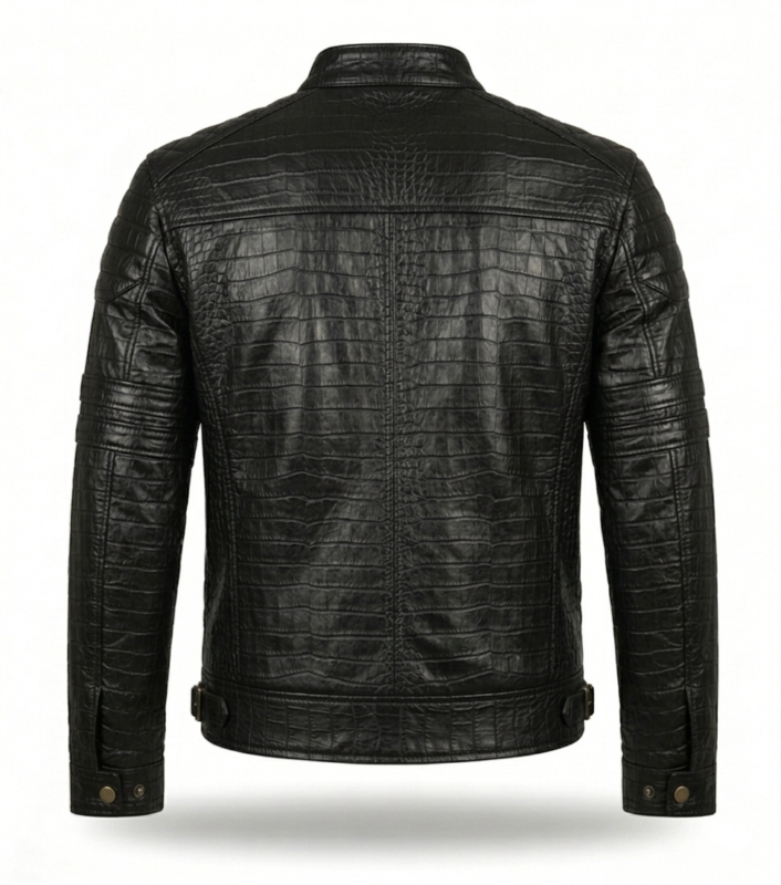 Men's Premium Black Crocodile Embossed Leather Jacket Blackstone Jackets Back View