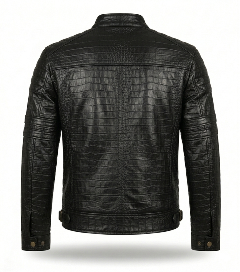 Men's Premium Black Crocodile Embossed Leather Jacket Blackstone Jackets Back View