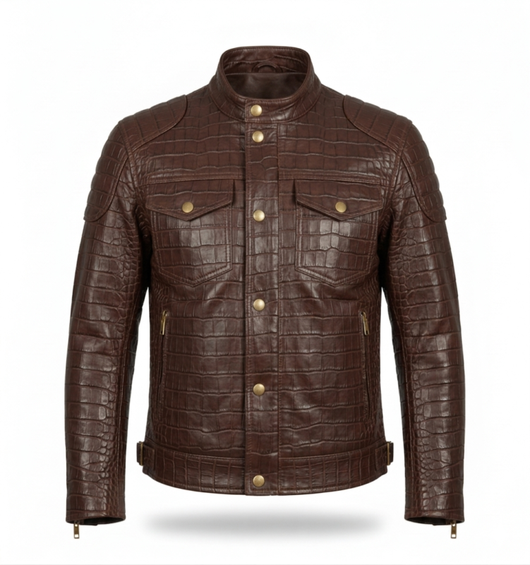 Men's Premium Brown Crocodile Embossed Leather Jacket Blackstone Jackets