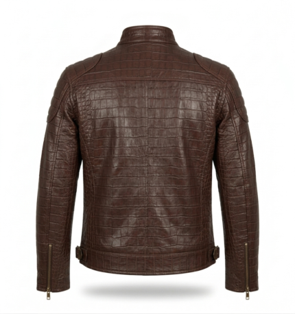 Men's Premium Brown Crocodile Embossed Leather Jacket Blackstone Jackets Back View