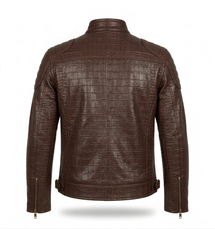 Men's Premium Brown Crocodile Embossed Leather Jacket Blackstone Jackets Back View