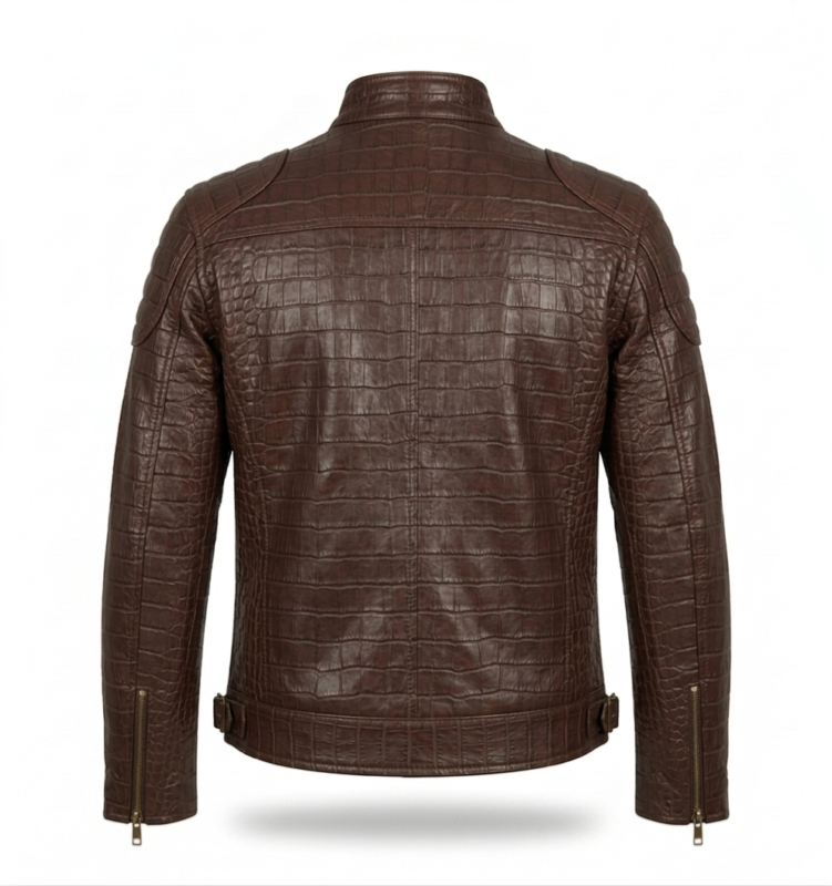Men's Premium Brown Crocodile Embossed Leather Jacket Blackstone Jackets Back View