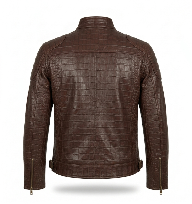 Men's Premium Brown Crocodile Embossed Leather Jacket Blackstone Jackets Back View