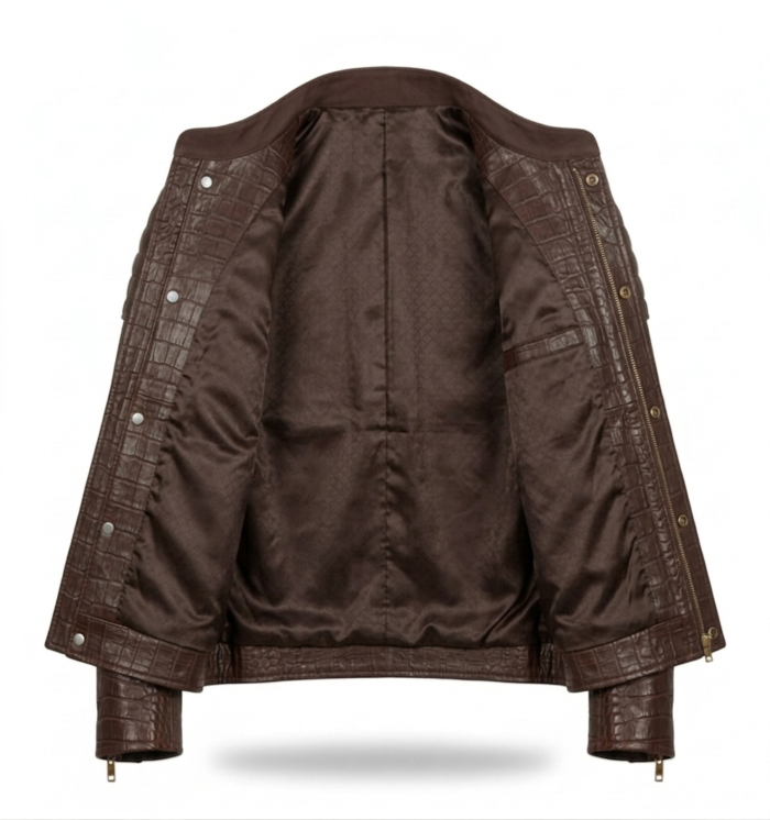 Men's Premium Brown Crocodile Embossed Leather Jacket Blackstone Jackets Inner View