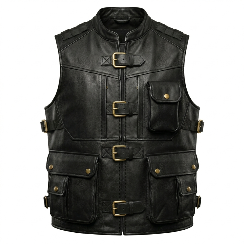 Men’s Tactical Black Leather Vest
