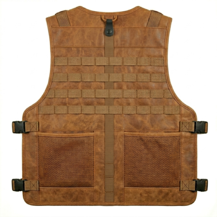 Men’s brown leather tactical vest back view with zipper and utility design