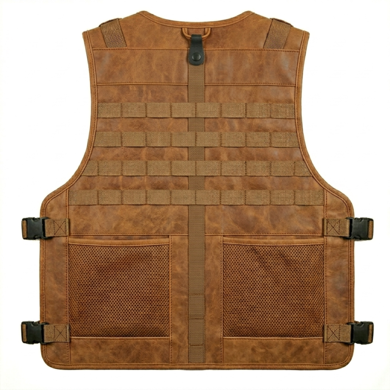 Men’s brown leather tactical vest back view with zipper and utility design