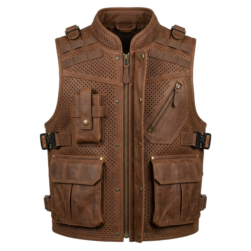 Perforated Tactical Brown Leather Vest