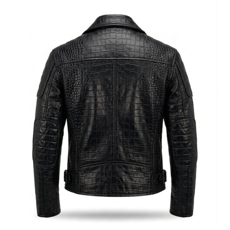 Premium Black Crocodile Embossed Mens Leather Jacket Blackstone Jackets Back View