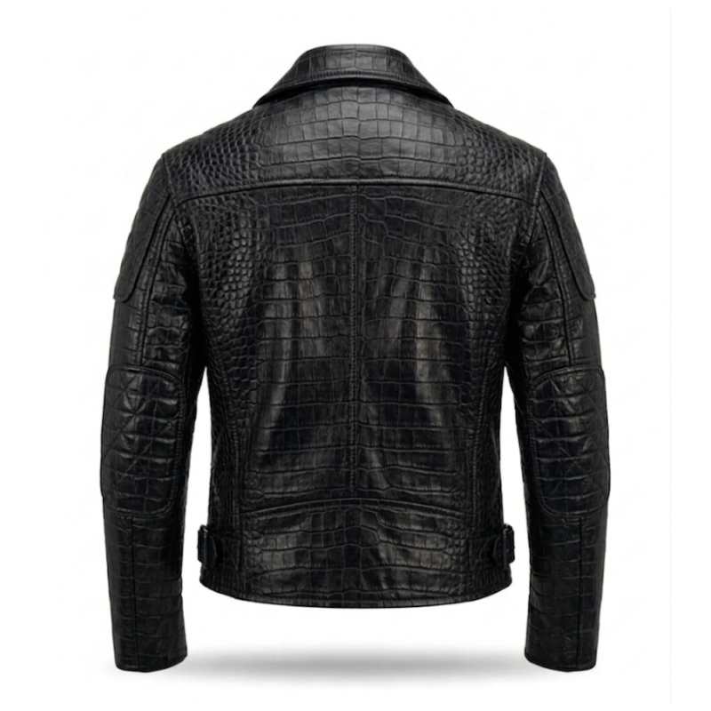 Premium Black Crocodile Embossed Mens Leather Jacket Blackstone Jackets Back View