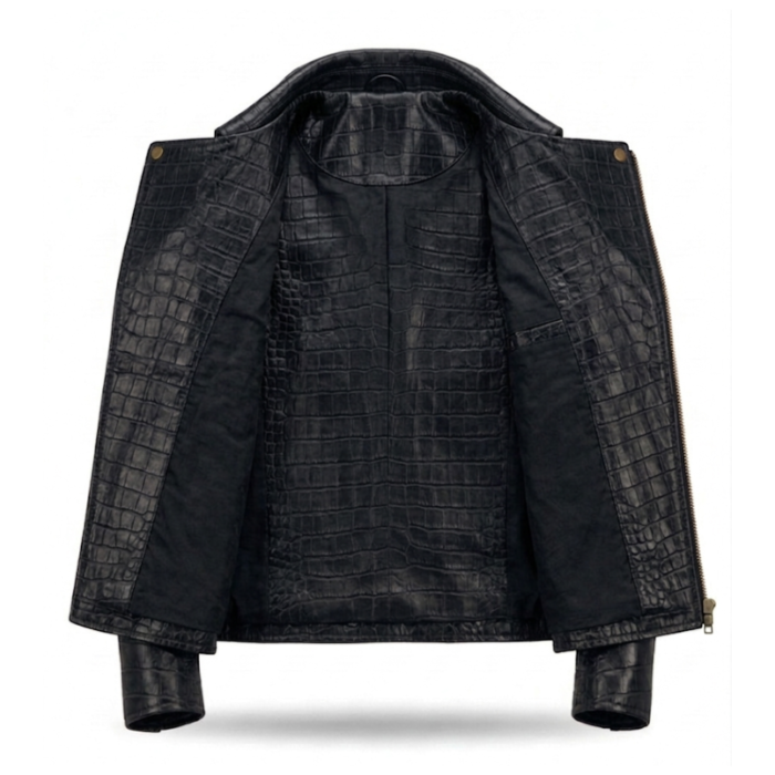 Premium Black Crocodile Embossed Mens Leather Jacket Blackstone Jackets Inner View