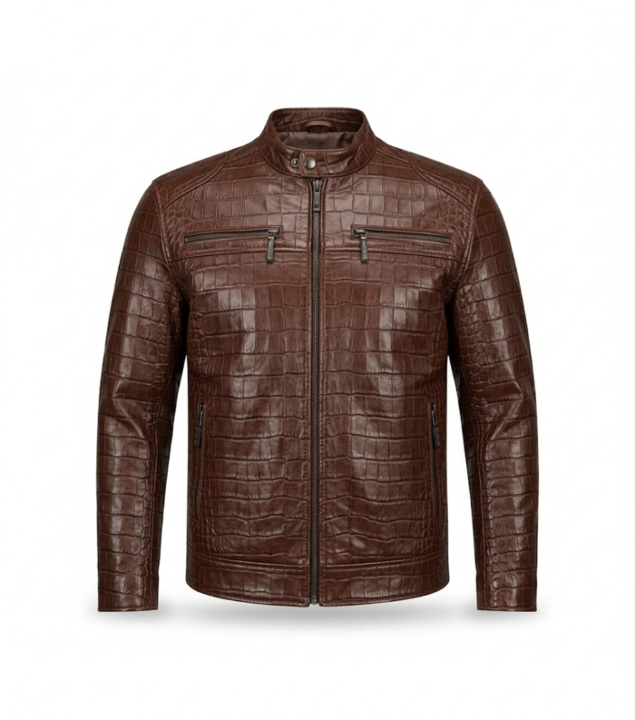 Premium Brown Crocodile Embossed Men's Leather Jacket Blackstone Jackets