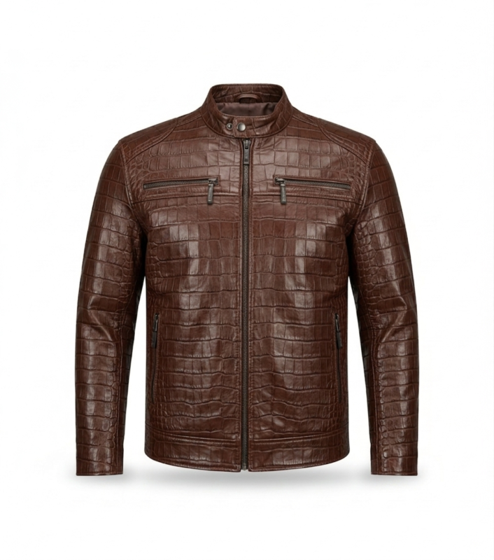 Premium Brown Crocodile Embossed Men's Leather Jacket Blackstone Jackets