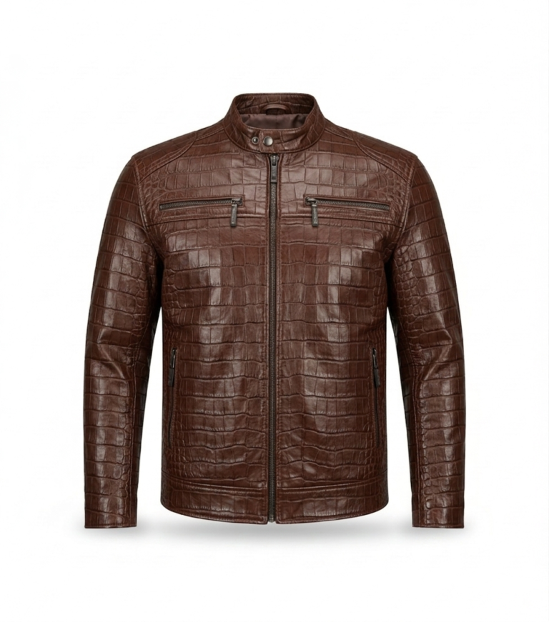 Premium Brown Crocodile Embossed Men's Leather Jacket Blackstone Jackets