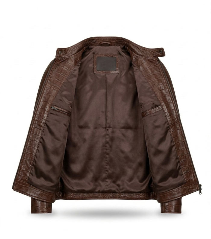 Premium Brown Crocodile Embossed Men's Leather Jacket Blackstone Jackets Inner View