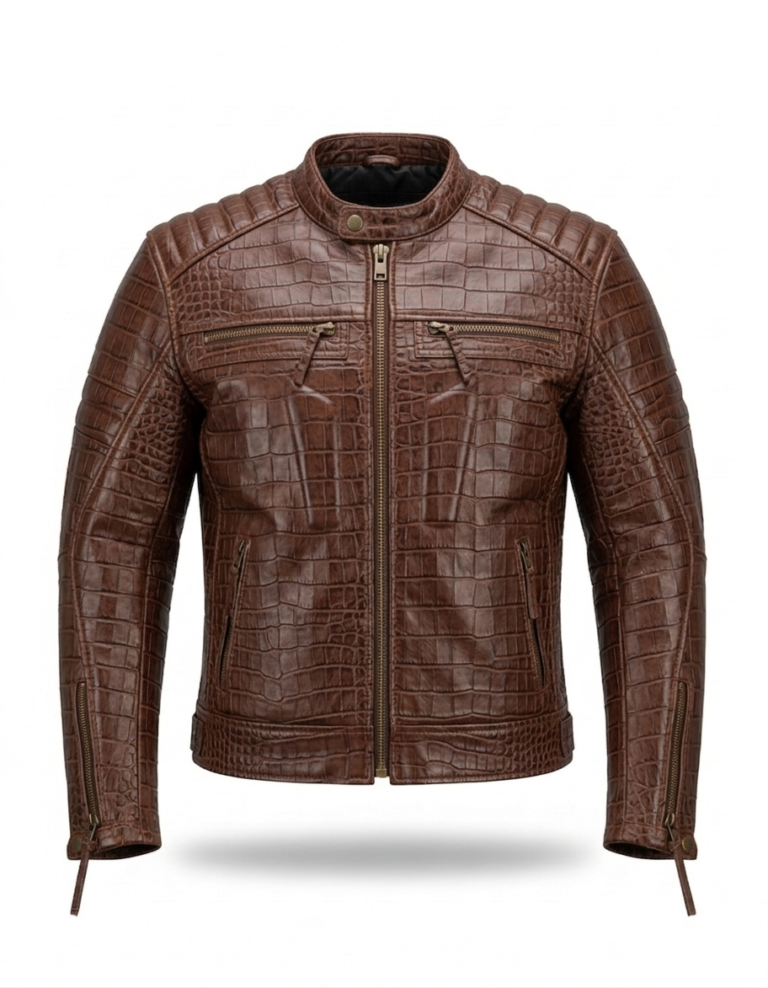 Premium Brown Crocodile Embossed Mens Real Leather Jacket Blackstone Jackets