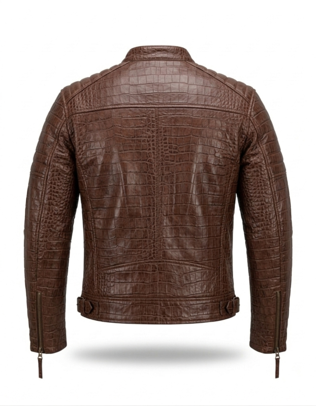 Premium Brown Crocodile Embossed Mens Real Leather Jacket Blackstone Jackets Back View