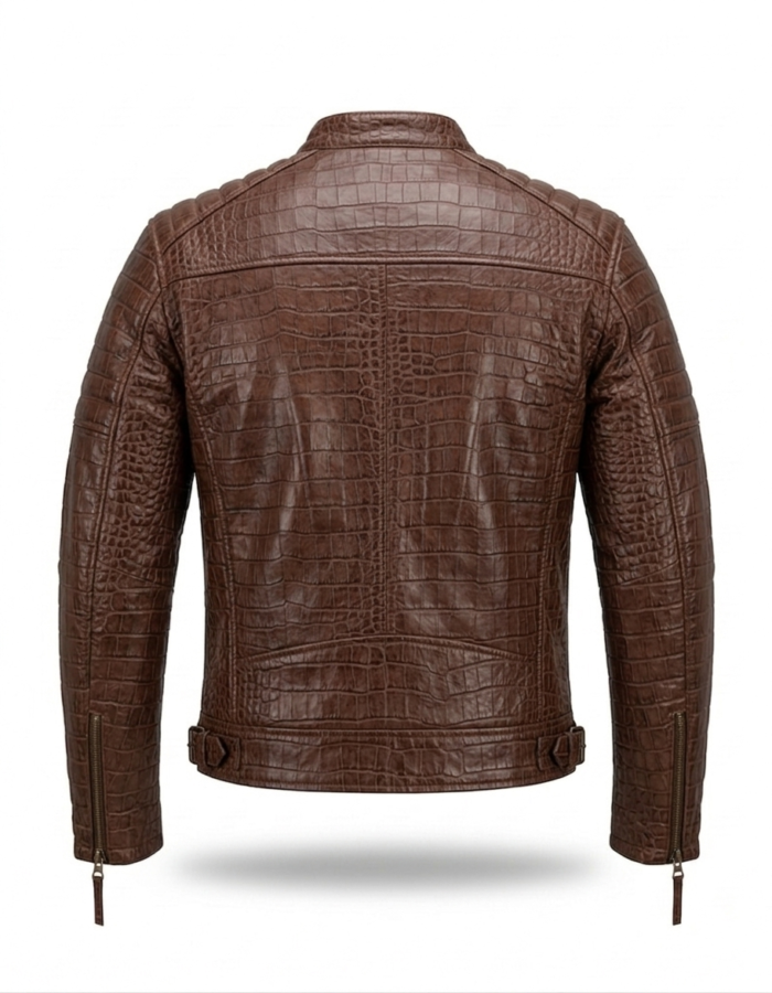 Premium Brown Crocodile Embossed Mens Real Leather Jacket Blackstone Jackets Back View