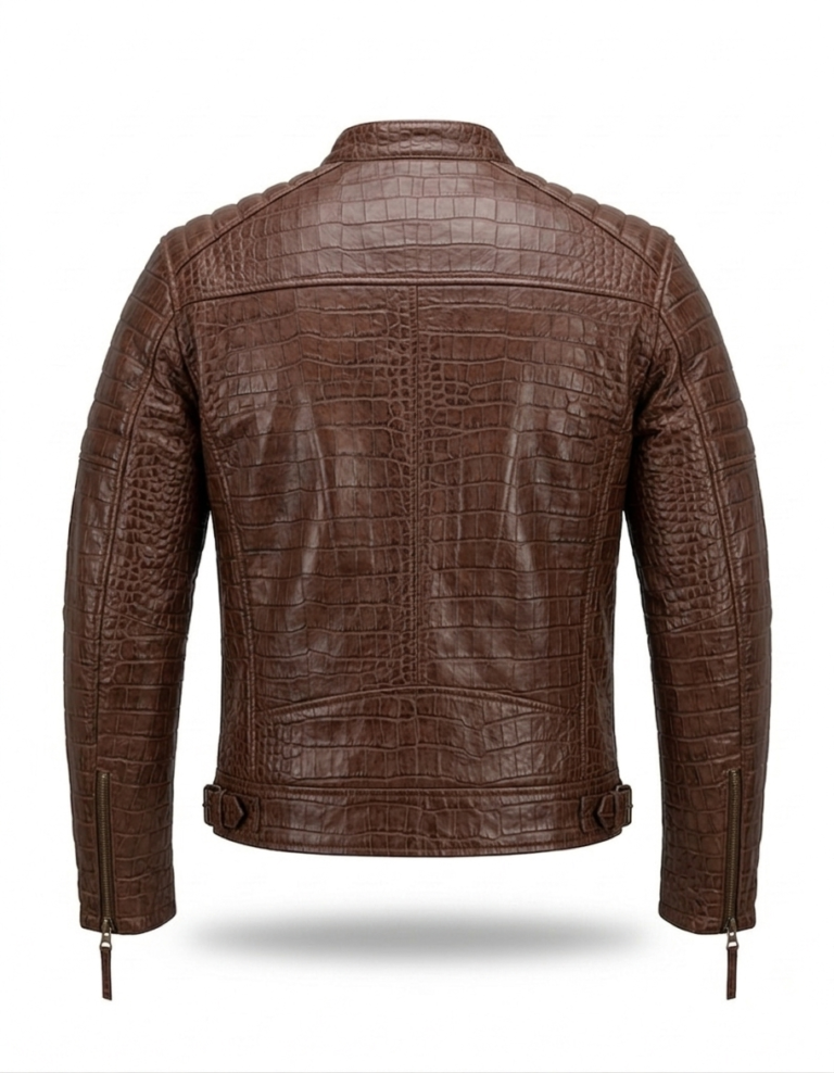 Premium Brown Crocodile Embossed Mens Real Leather Jacket Blackstone Jackets Back View