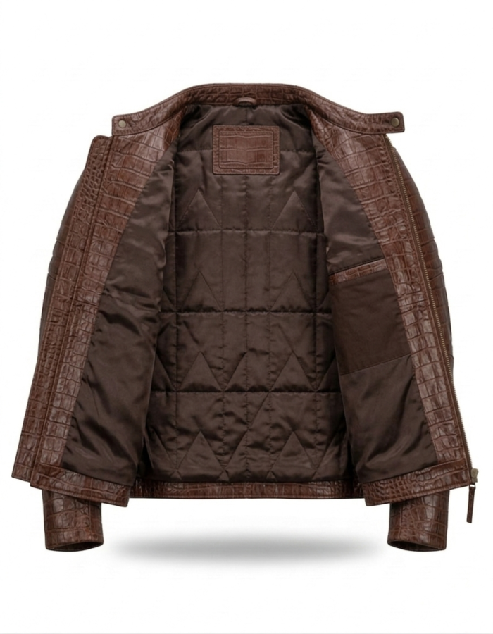 Premium Brown Crocodile Embossed Mens Real Leather Jacket Blackstone Jackets Inner View
