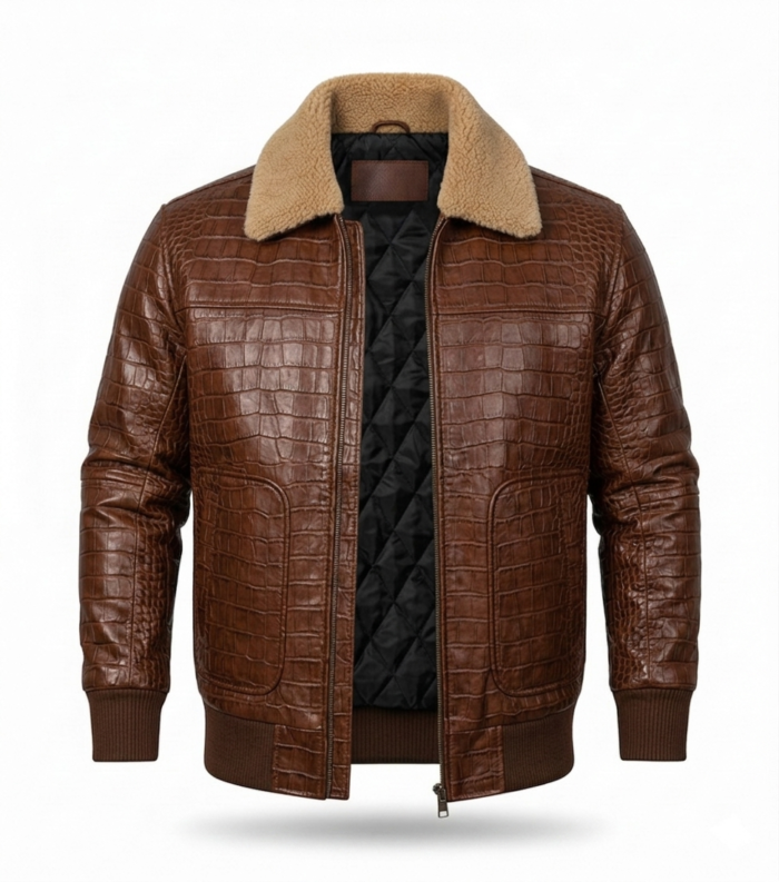 Premium Brown Men's Crocodile Embossed Leather Jacket Blackstone Jackets