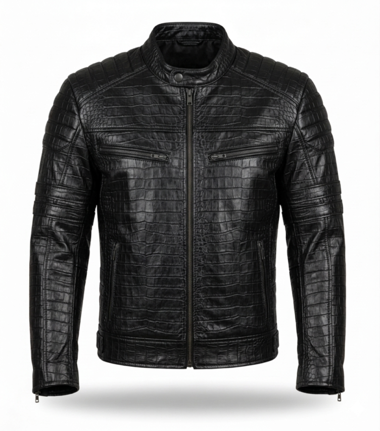 Premium Men's Black Crocodile Embossed Leather Jacket Blackstone Jackets
