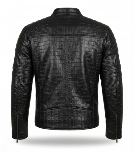 Premium Men's Black Crocodile Embossed Leather Jacket Blackstone Jackets Back View
