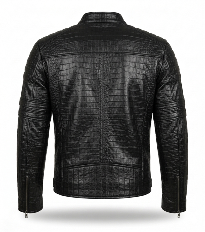 Premium Men's Black Crocodile Embossed Leather Jacket Blackstone Jackets Back View
