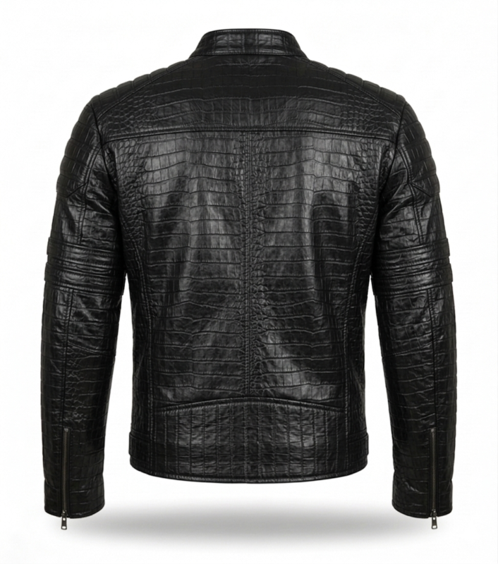Premium Men's Black Crocodile Embossed Leather Jacket Blackstone Jackets Back View