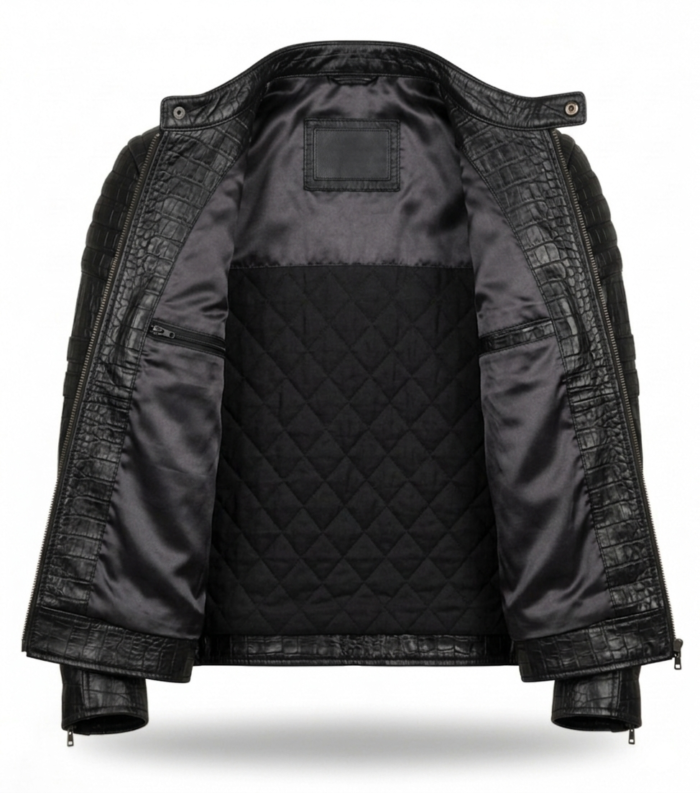 Premium Men's Black Crocodile Embossed Leather Jacket Blackstone Jackets Inner View