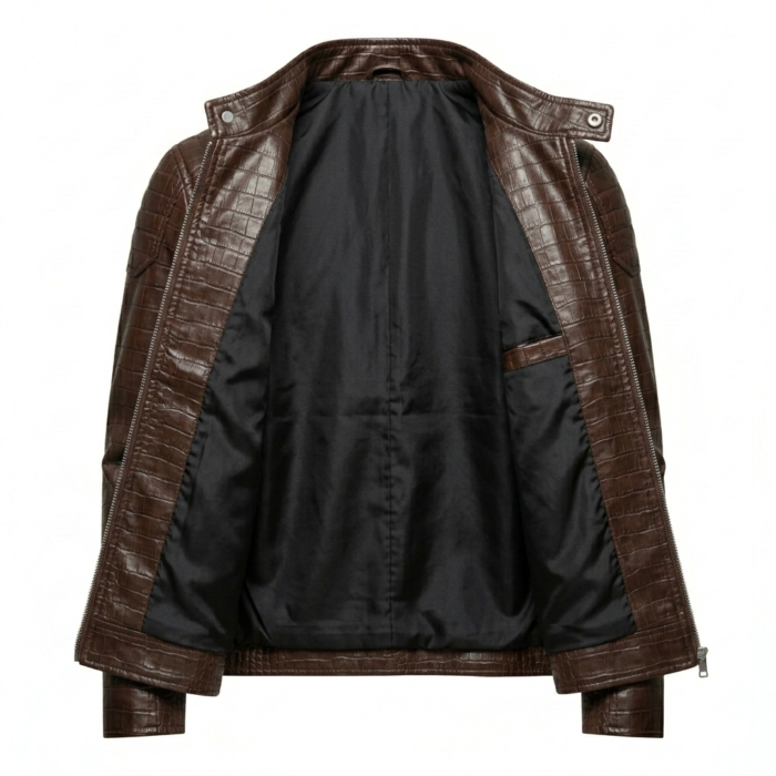 Premium Men's Brown Crocodile Embossed Real Leather Jacket Blackstone Jackets Inner View