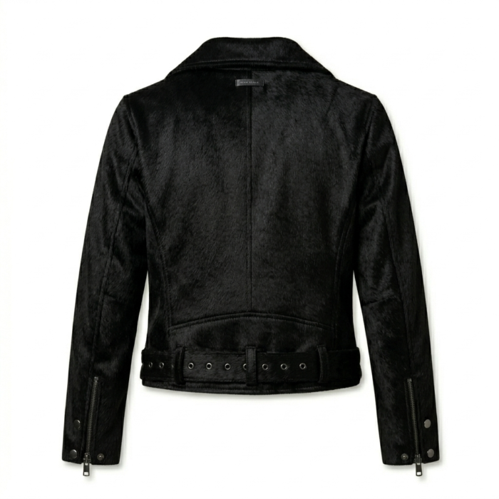Sleek All-Black Pony Hair Leather Biker Jacket Blackstone Jackets